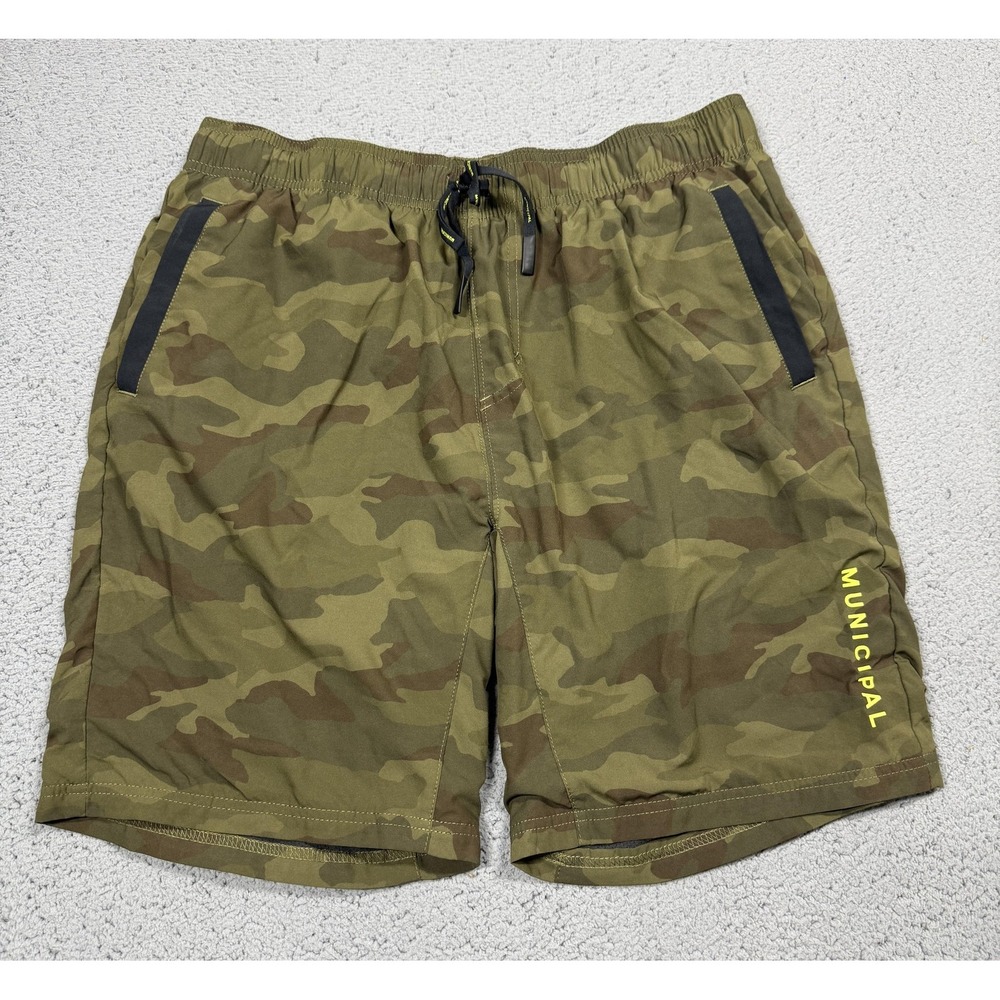 Municipal Shorts Mens Medium Green Camo Lined Athletic 8 Inseam Zip Pocket